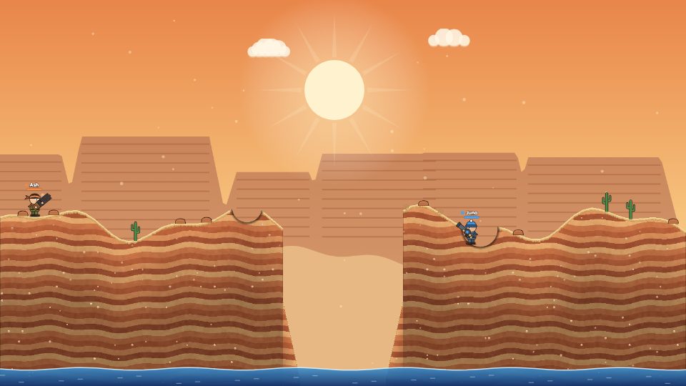 Rift Canyon map: Two desert mesas split by a gorge that runs down to the water. Lob shells over the gap or bounce them along the rim.