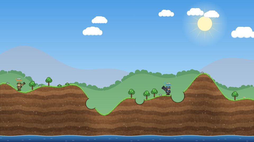 Rolling Hills map: Grassy hills with a valley in the middle and water below. Open sight lines make it the easiest place to learn.