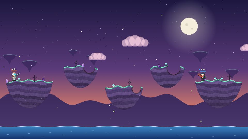 Sky Isles map: Floating islands over open water at dusk. Blast away the ground under an opponent and they drop into the sea.